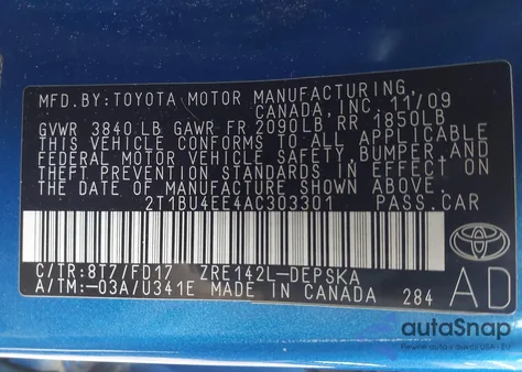 2010 Toyota Corolla S z USA, uszkodzony, nr VIN 2T1BU4EE4AC303301